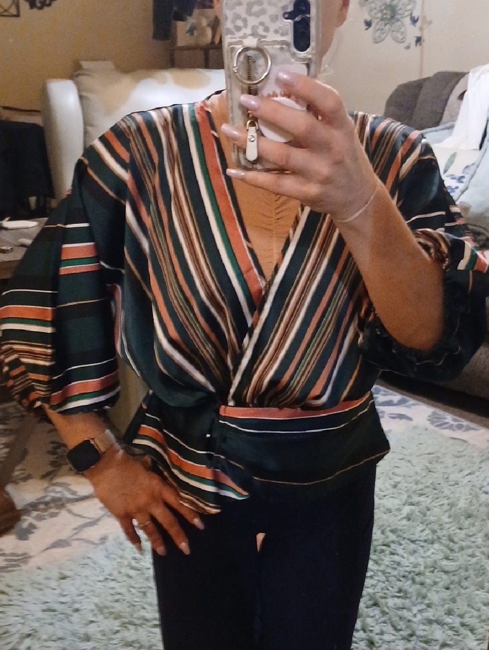 Striped Wrap Blouse in Green and Coral